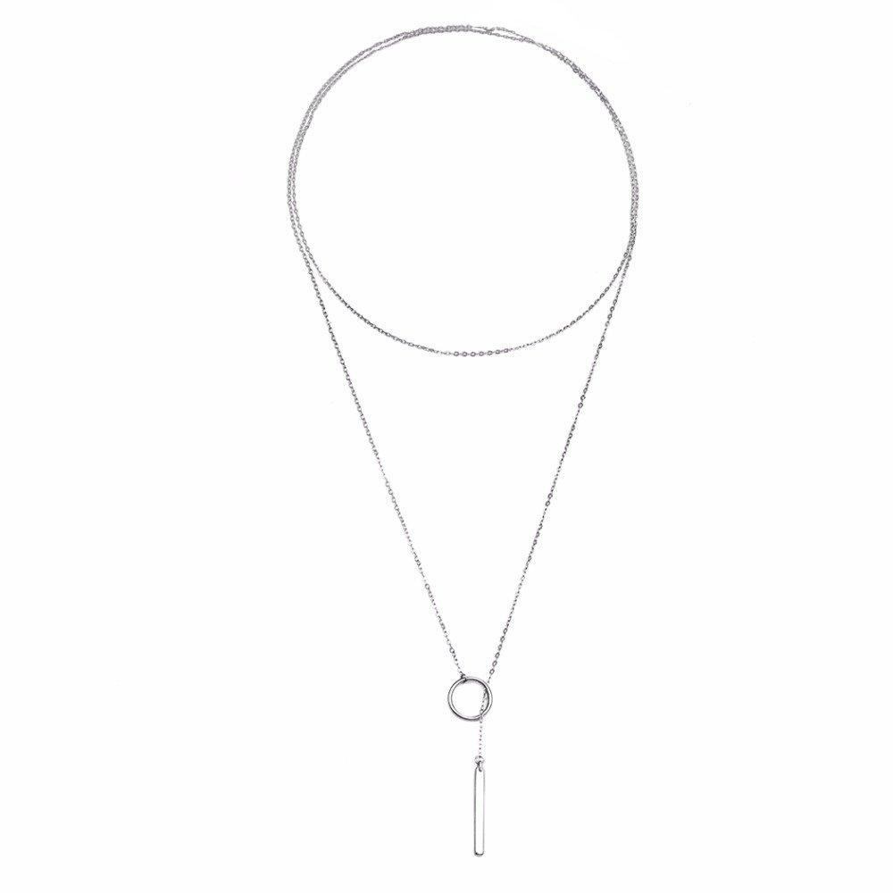 [Australia] - QIANDI Long Necklace Silver Plated Open Circle and Dangling Bar Lariat Necklace, 925 Silver 