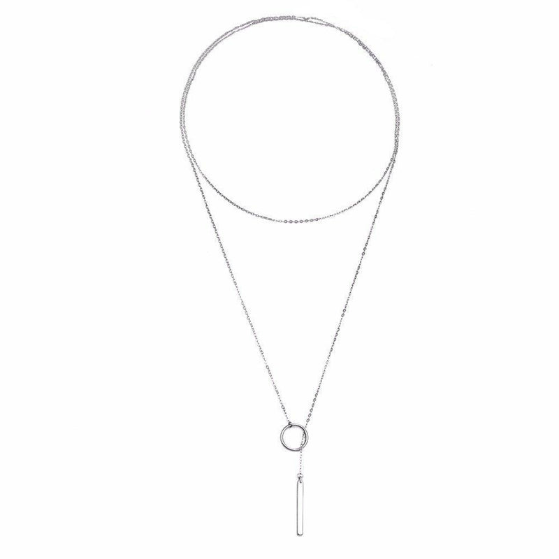 [Australia] - QIANDI Long Necklace Silver Plated Open Circle and Dangling Bar Lariat Necklace, 925 Silver 