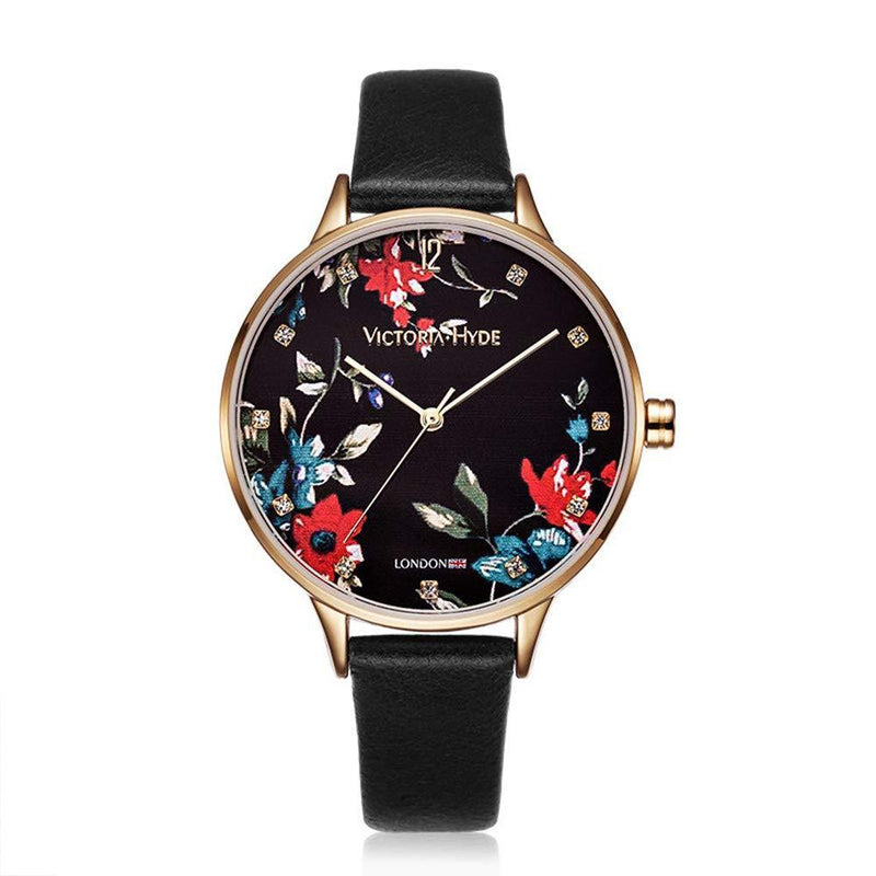 [Australia] - VICTORIA HYDE Fashion Elegant Floral Dial Watch for Women Quartz Genuine Leather Strap Wristwatch Mother's Day Gifts Black 