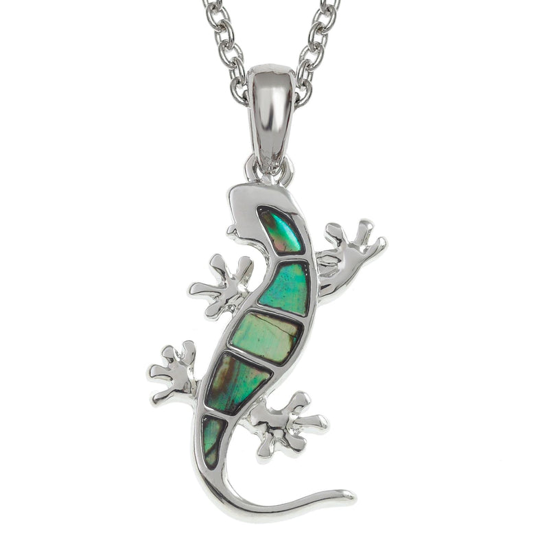 [Australia] - Kiara Jewellery Gecko Pendant Necklace Inlaid With Natural greenish blue Paua Abalone Shell on 18" Trace Chain. Non Tarnish Silver Colour Rhodium plated. 