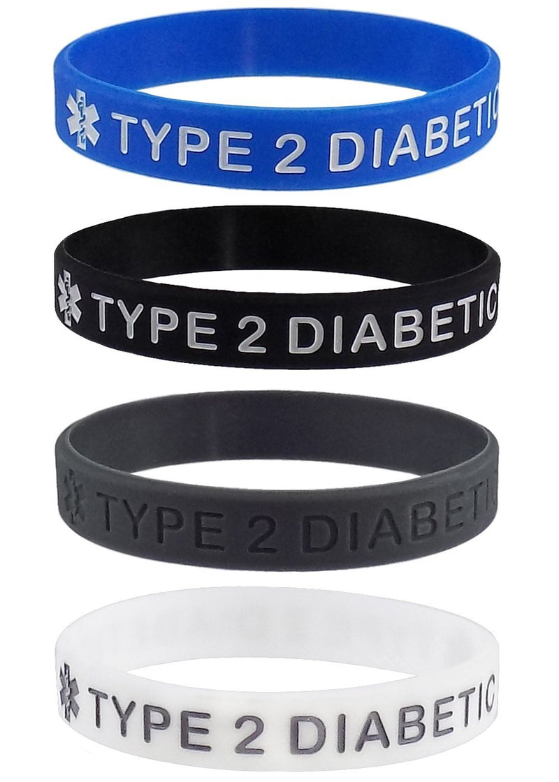 [Australia] - Max Petals Type 2 Diabetic Medical Alert ID Silicone Bracelet Wristbands 4 Pack Adult - 8 inches 
