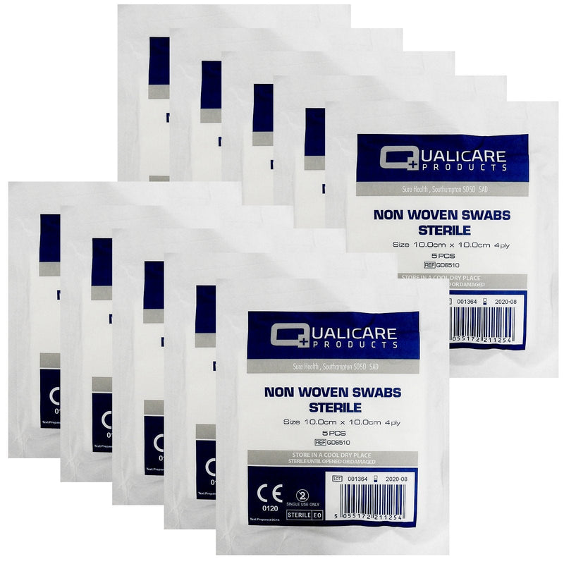 [Australia] - Qualicare None Woven 4PLY Sterile Gauze Medical Swabs Single Pack, 10cm x 10cm Sqaure - 10 Pack (50 Swabs) 