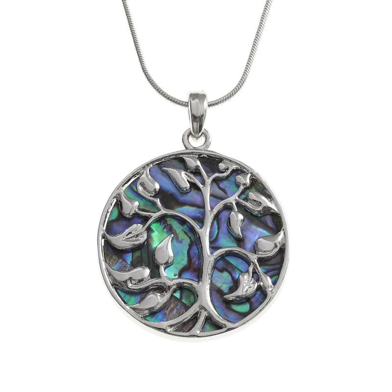 [Australia] - Kiara Jewellery Reversible Celtic Tree Of Life Pendant Necklace Inlaid Both Sides With Bluish Green Paua Abalone Shell on 18" Chain. Non Tarnish Silver Colour Rhodium plated. 