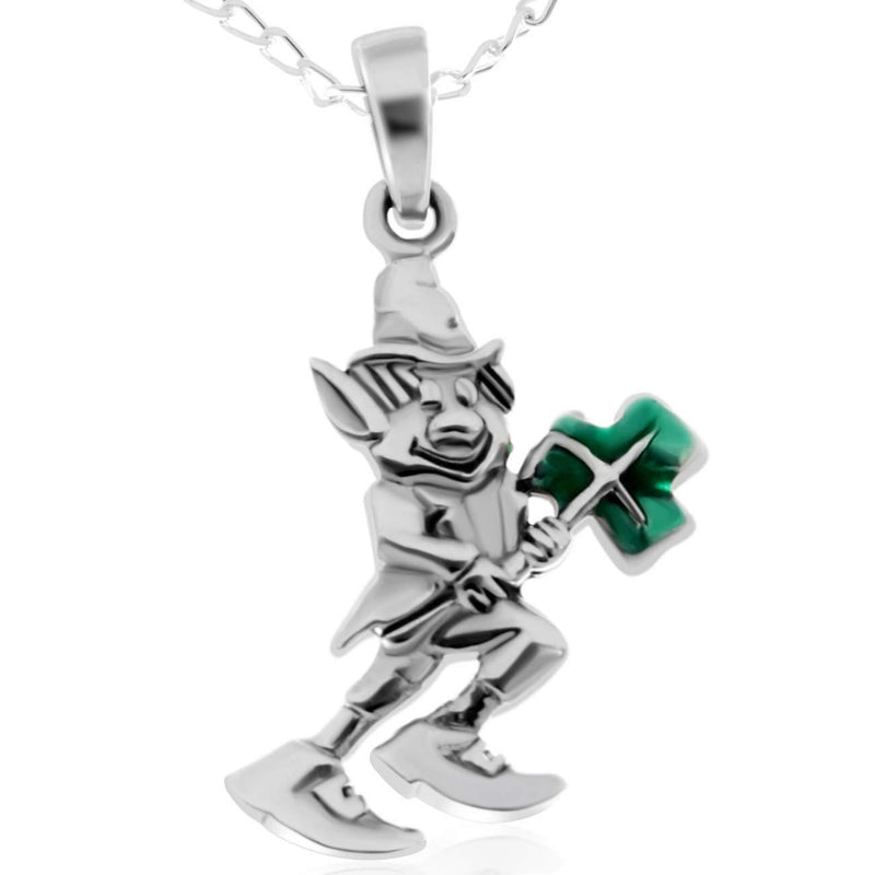 [Australia] - Sterling Silver Irish Leprechaun with Shamrock Pendant Necklace with 18" Chain and gift box. Great woman's gift for Christmas or Birthday's 
