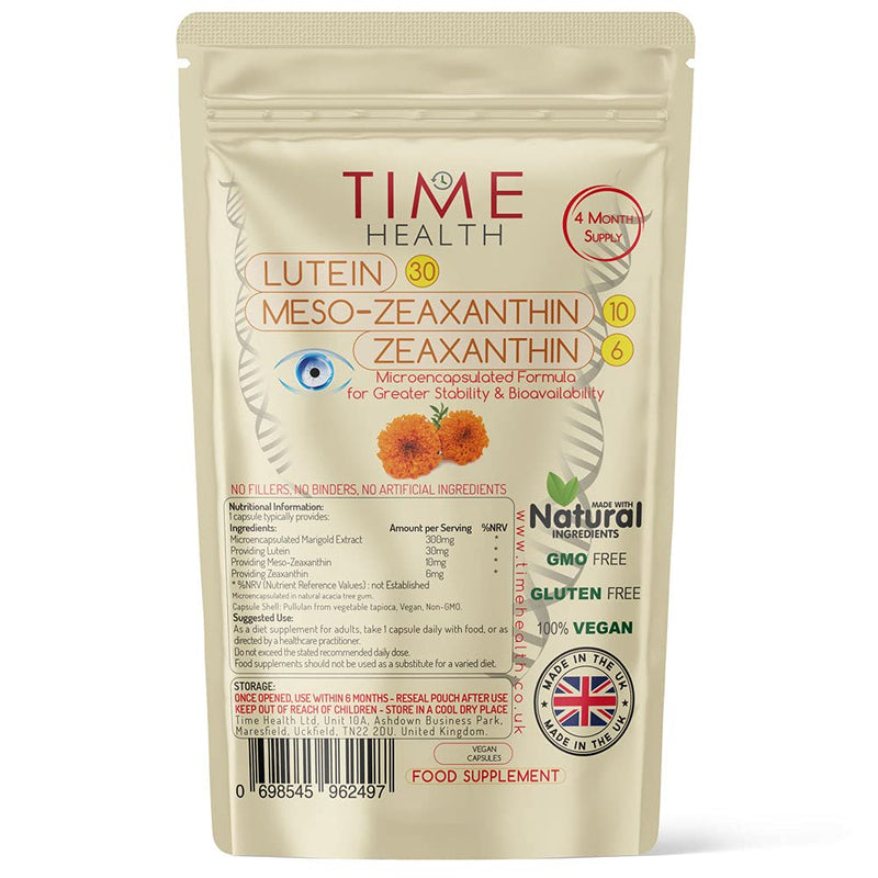 [Australia] - Micro-encapsulated Formula - Lutein 30mg - Meso-zeaxanthin 10mg - Zeaxanthin 6mg - 100% Pure, Natural & Highly Bioavailable - 4 Month Supply - UK Manufactured - Zero Additives - (120 Capsule Pouch) 120 Count (Pack of 1) 