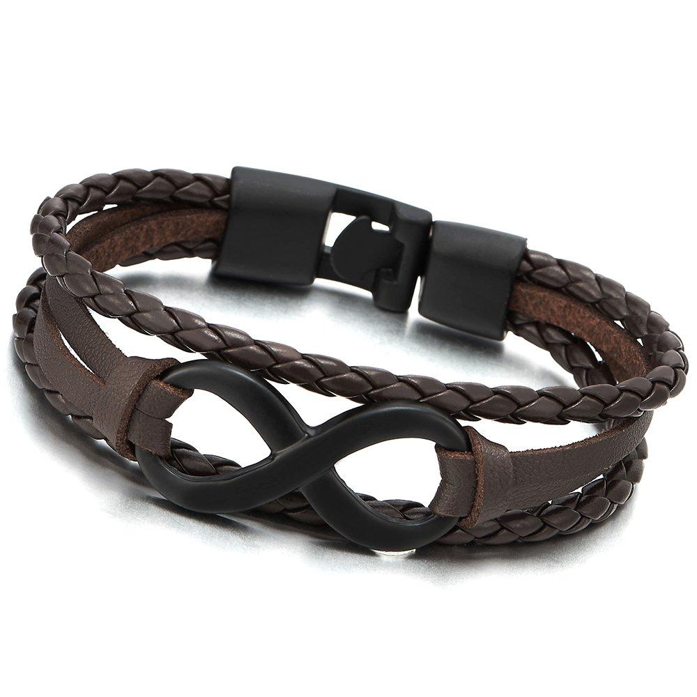 [Australia] - COOLSTEELANDBEYOND Black Infinity Love Number 8 Brown Leather Bangle Bracelet for Men Women Three-Row Wristband 01 