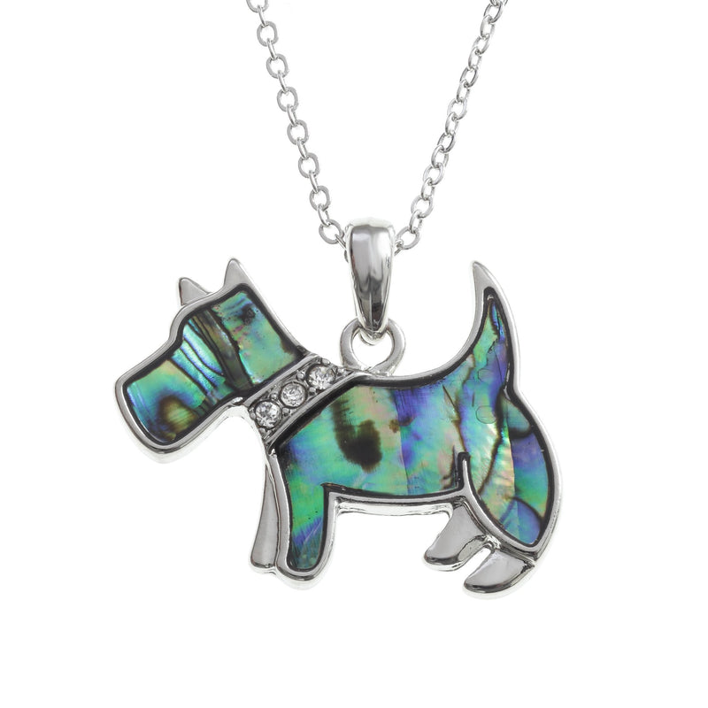 [Australia] - Kiara Jewellery Scottie Dog Pendant Necklace Inlaid With Natural greenish blue Paua Abalone Shell with glass stones inset collar on 18" Trace Chain. Non Tarnish Silver Colour Rhodium plated. 