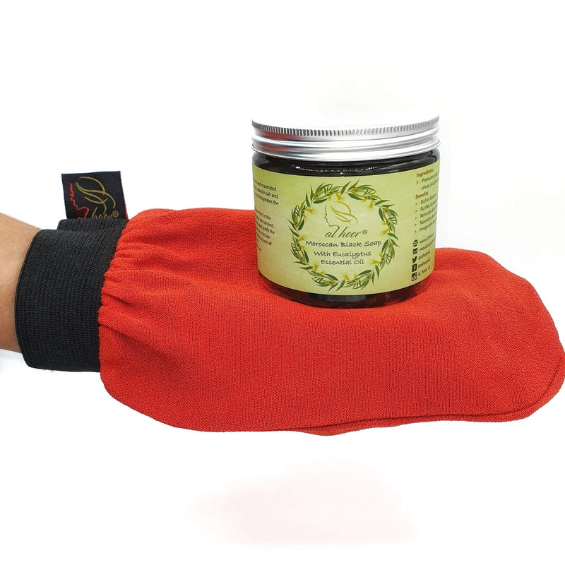 [Australia] - AL HOOR Moroccan Black Olive Soap Infused In Eucalyptus Oil + Kessa Glove - Deep Acne Cleansing & Dead Skin Cells Remover aromatic 