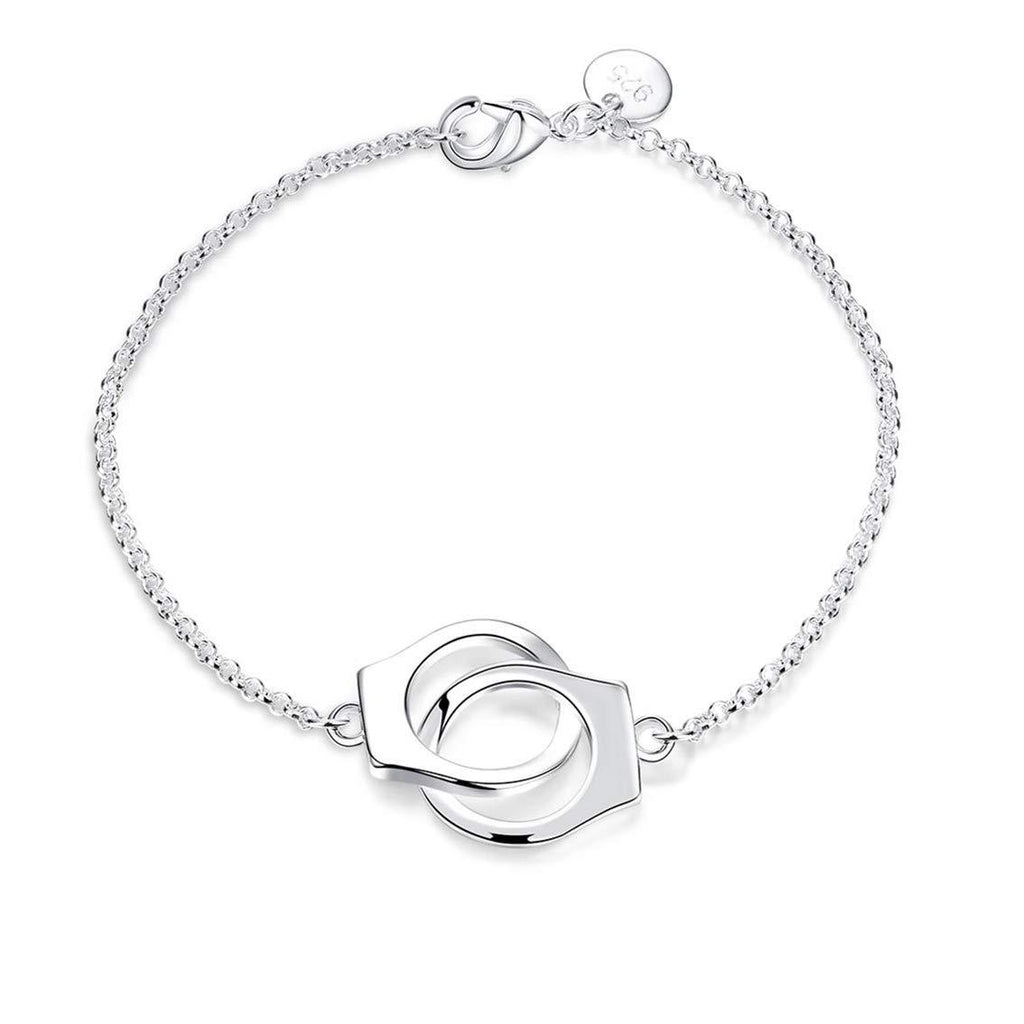 [Australia] - QIANDI Handcuff Bracelet Trendy Symbol Style 925 Silver Bangle for Women 