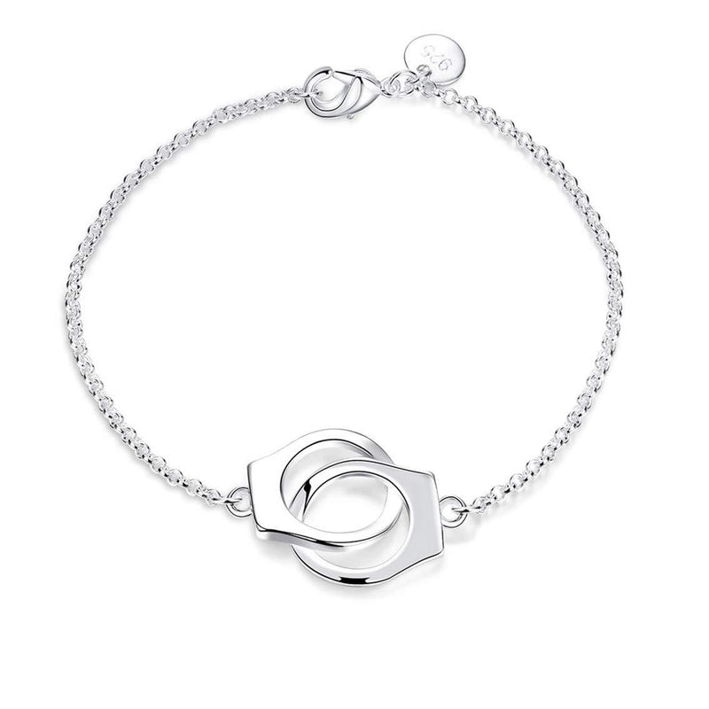 [Australia] - QIANDI Handcuff Bracelet Trendy Symbol Style 925 Silver Bangle for Women 