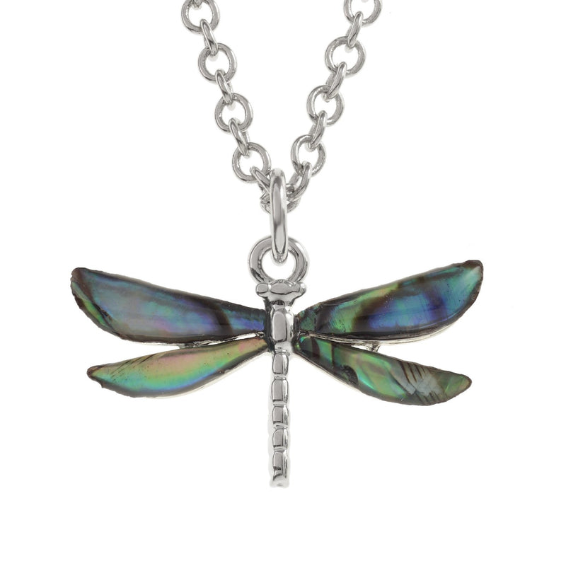 [Australia] - Kiara Jewellery Dragonfly Pendant Necklace Inlaid With Natural Greenish Blue Paua Abalone Shell on 18" Trace Chain. Non Tarnish Silver Colour Rhodium plated. 