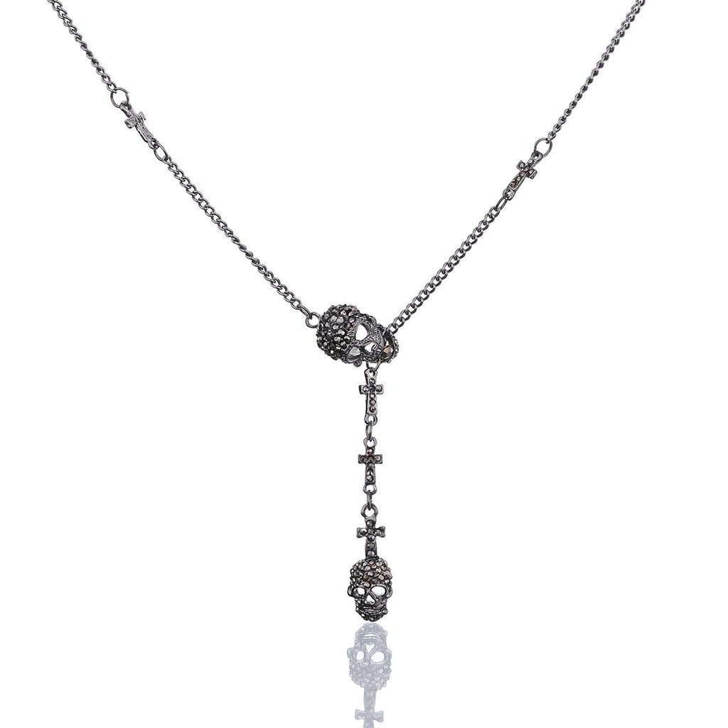 [Australia] - ED Long Cross Crystal Pendant Necklace Vintage Cool Skull Necklace for Women with Chain of 35 cm and 50 cm Black 30.0 Centimetres 