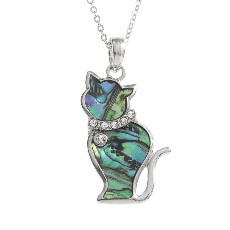 [Australia] - Kiara Jewellery Cat Pendant Necklace Inlaid With Natural greenish blue Paua Abalone Shell with glass stones inset collar on 18" Trace Chain. Non Tarnish Silver Colour Rhodium plated. 