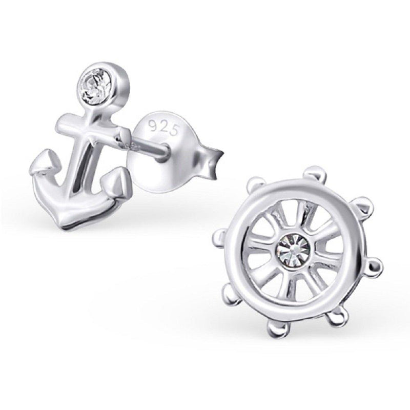 [Australia] - The Rose & Silver Company Women 925 Sterling Silver Anchor and Ship's Wheel Stud Earrings 