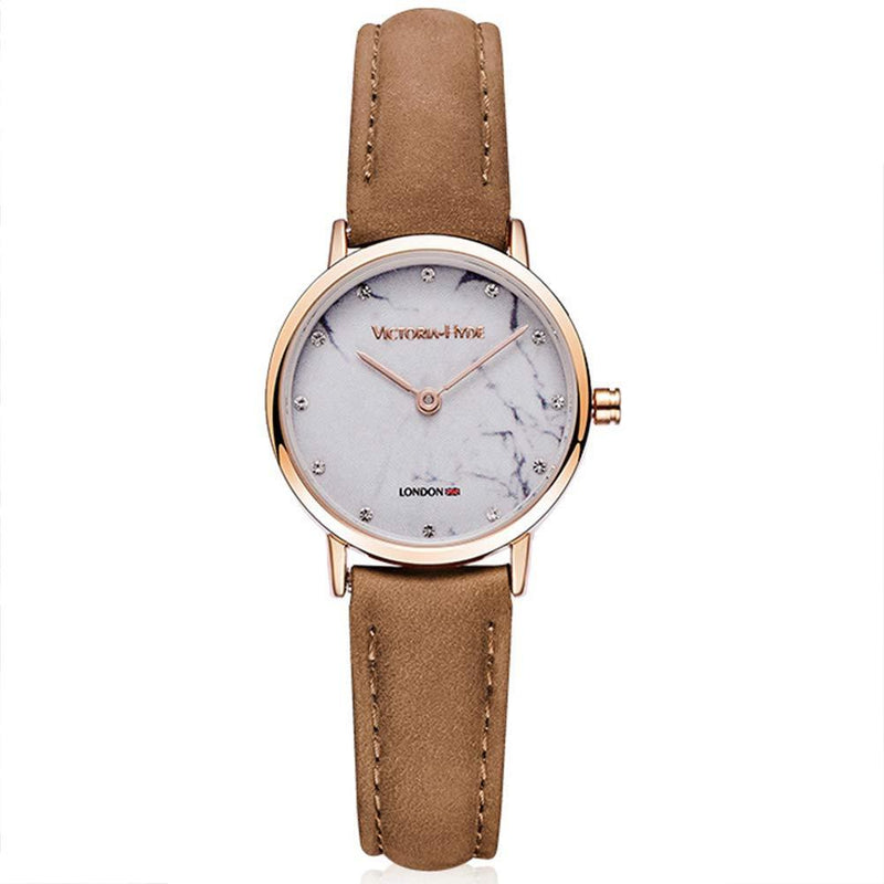 [Australia] - VICTORIA HYDE Women's Wristwatch Marble Dial Ultra Thin Minimalist Quartz Watch for Ladies with Genuine Leather Strap 26mm Marble-brown 