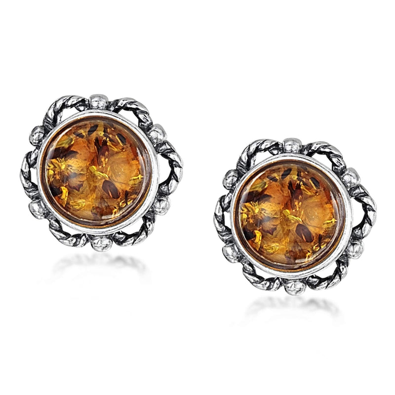 [Australia] - Amberta 925 Sterling Silver with Baltic Amber Gem Stone - Bloom Button Ball Stud Earrings Orange 