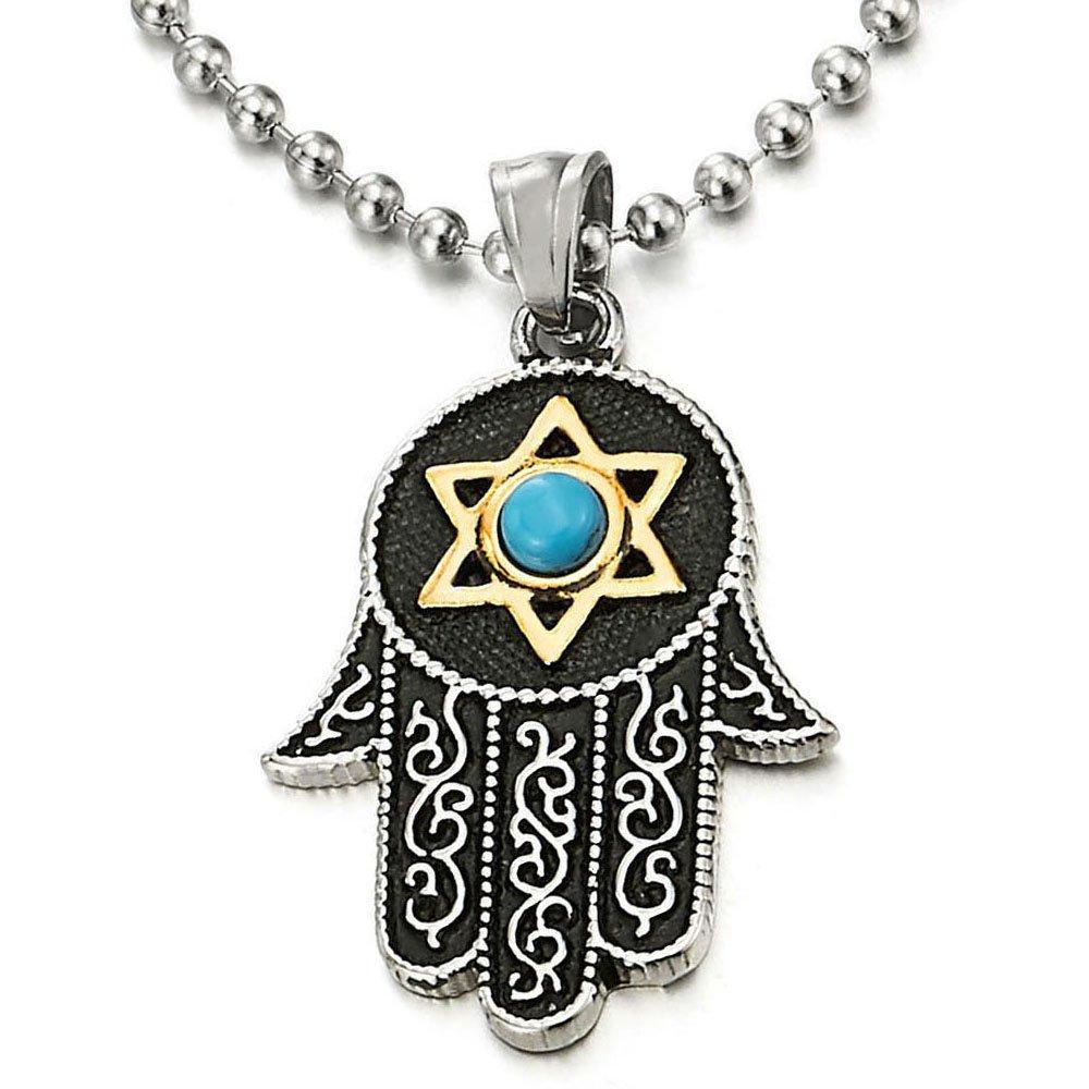 [Australia] - COOLSTEELANDBEYOND Hamsa Hand of Fatima Pendant Necklace Steel Silver Black with Gold Star-of-David and Blue Ball Stone 