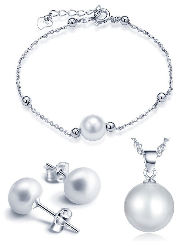 [Australia] - Yumilok Jewelry 925 Sterling Silver Classic Pearls Necklace Bracelets Earring Stud Jewelry Set for Women/Girls 