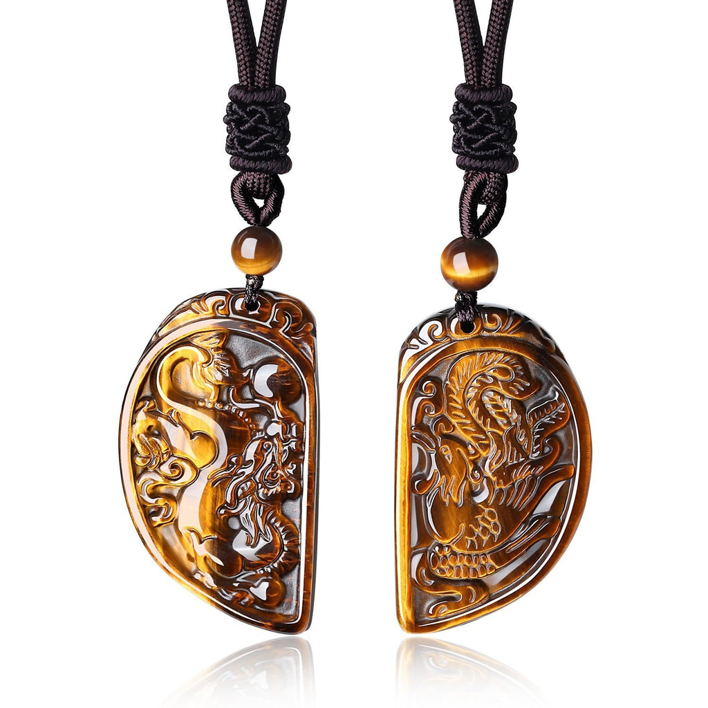 [Australia] - coai Dragon and Phoenix Matching Couples Stone Pendant Necklaces Tiger Eye 