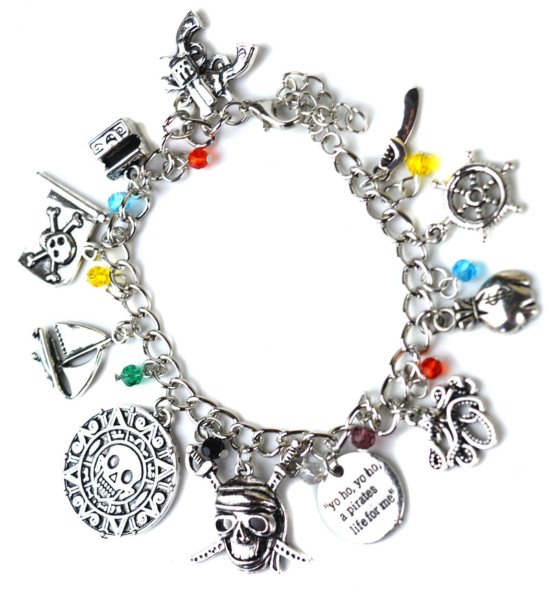 [Australia] - Beaux Bijoux Pirates of The Caribbean Charm Bracelet - Silver Tone Skull, Sword and Ship Charms in Gift Box 