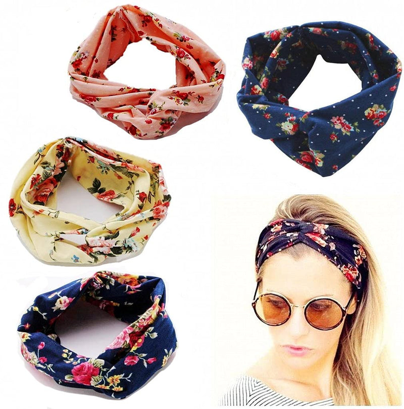 [Australia] - JZK 4 x Super soft cotton women elastic headband yoga sports headband headwrap stretchy head band hair wrap band for girls women 4X flower pattern style 