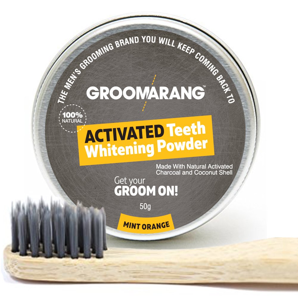 [Australia] - Groomarang Activated Charcoal And Coconut Shell Mint Orange Teeth Whitening Powder 50g FREE Bamboo Toothbrush 
