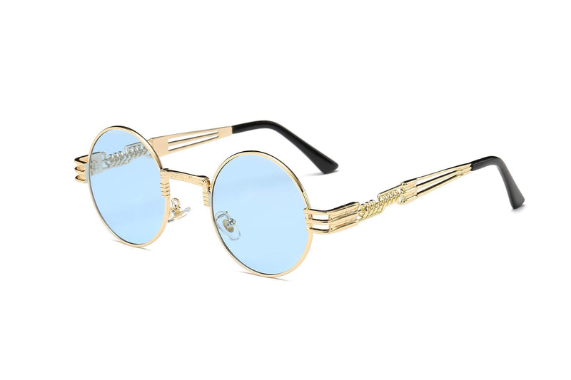 [Australia] - John Lennon Style Retro Steampunk Sunglasses for Women Men Round Hippie UV400 Protection Flat Lens Metal Frame Eyewear Transparent Blue Lens/Gold Frame 