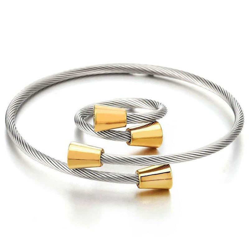 [Australia] - COOLSTEELANDBEYOND A Set of Elastic Adjustable Steel Twisted Cable Bangle Bracelet and Ring with Gold Charms 