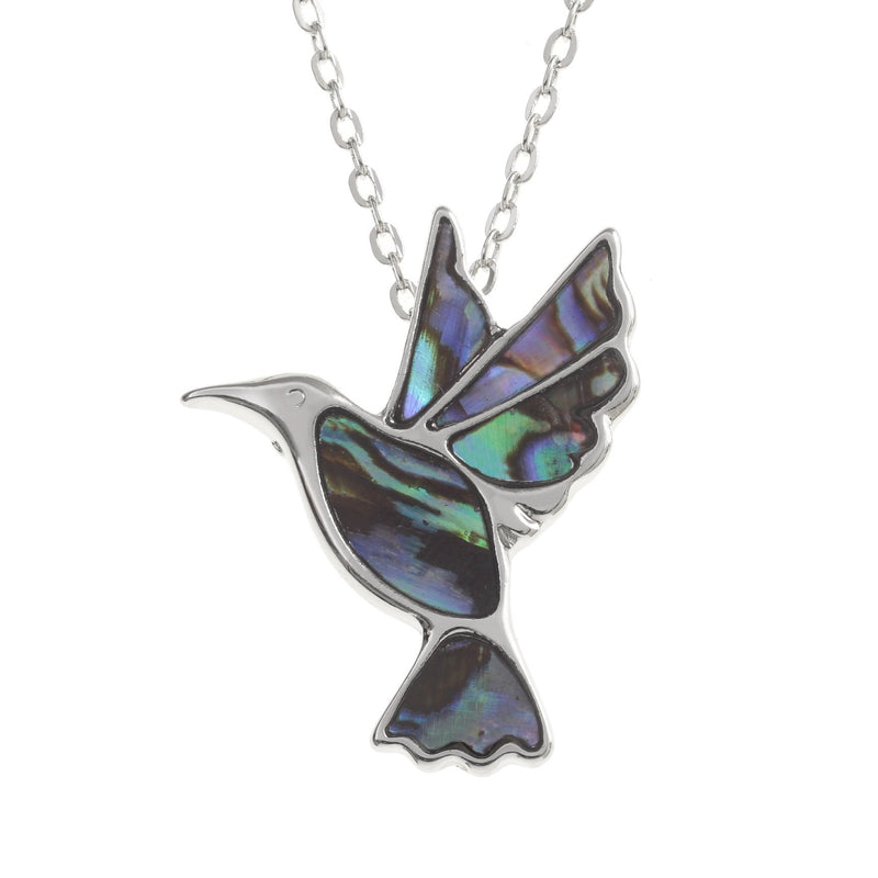 [Australia] - Kiara Jewellery Hummingbird Pendant Necklace Inlaid With Natural greenish blue Paua Abalone Shell on 18" Trace Chain. Non Tarnish Silver Colour Rhodium plated. 