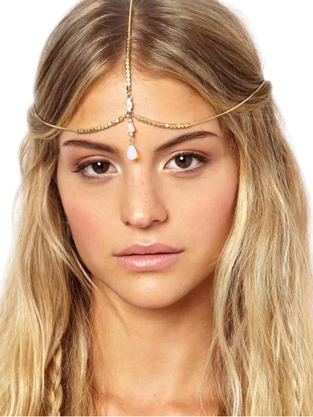 [Australia] - Yean Boho Opal Head Chain Gold Wedding Bride Hair Chains Bridal Crystal Hair Accessories for Women and Girls 