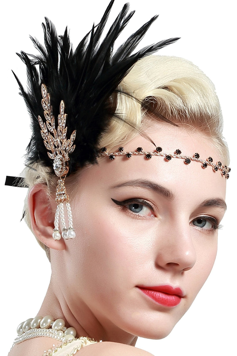[Australia] - BABEYOND 1920s Flapper Headpiece Feather Headband Great Gatsby Headband 1920s Flapper Accessories Leaves Style for Art Deco Pageant Themed Party Gold 