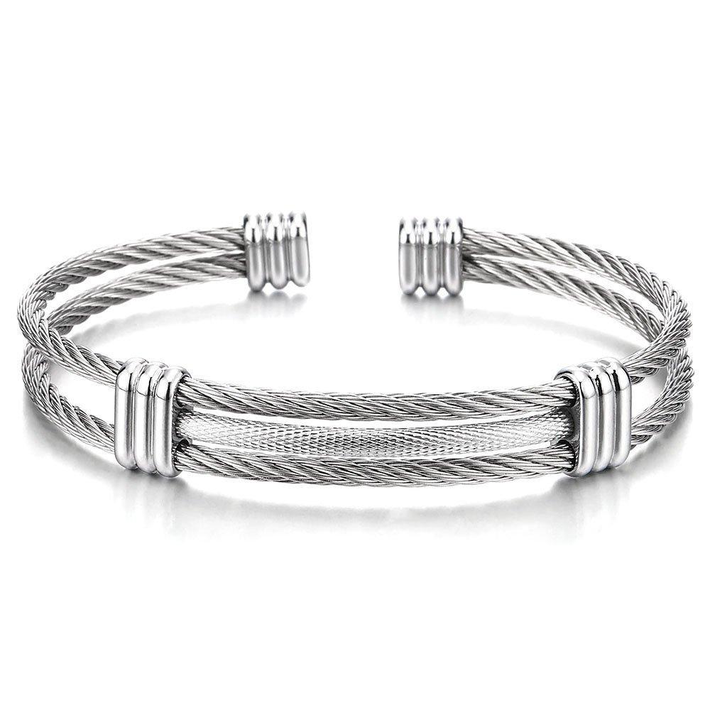 [Australia] - COOLSTEELANDBEYOND Men Women Stainless Steel Twisted Cable Adjustable Cuff Bangle Bracelet Silver Color 