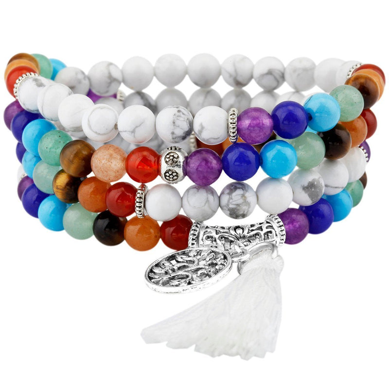 [Australia] - Shanxing 108 Prayer Beads Mala Bracelet Tibetan Buddhist Buddha Meditation Stone Necklace,7 Chakra & White Howlite Turquoise 