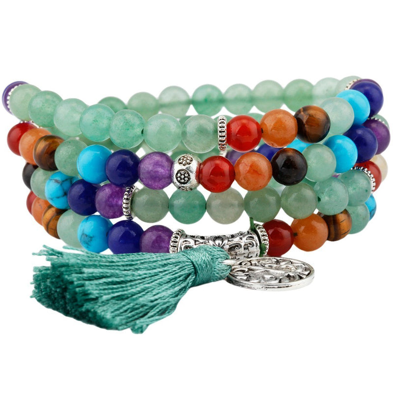 [Australia] - Shanxing 108 Prayer Beads Mala Bracelet Tibetan Buddhist Buddha Meditation Stone Necklace,7 Chakra & Green Aventurine 