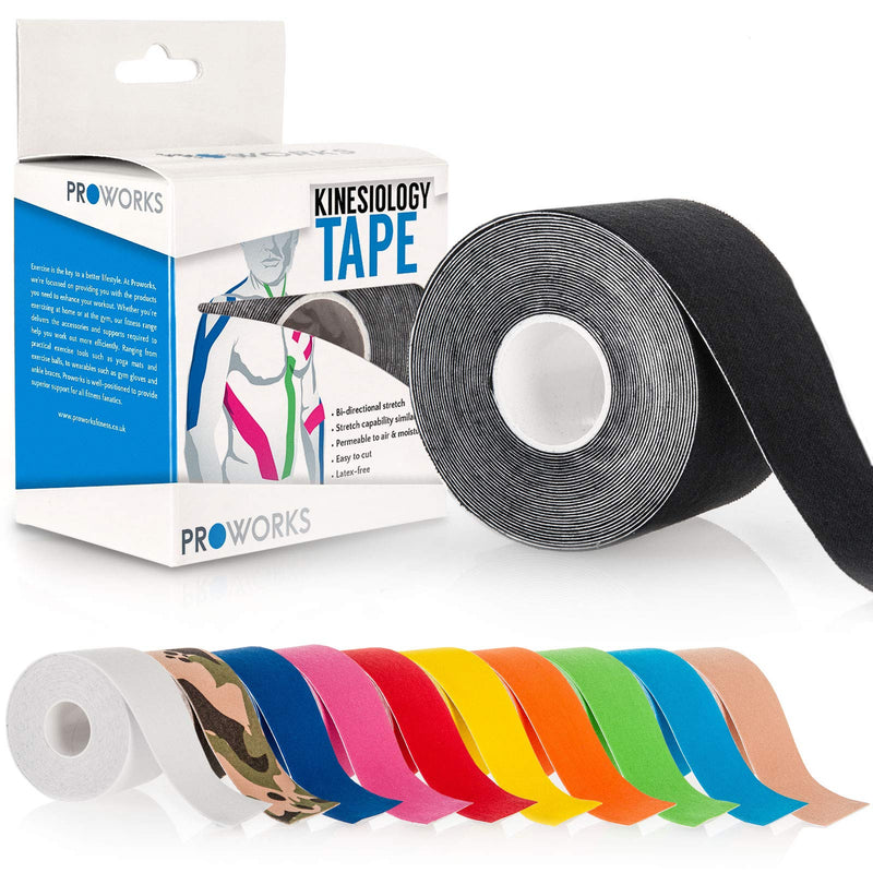 [Australia] - Proworks Kinesiology Tape | 5m Roll of Elastic Muscle Support Tape for Exercise, Sports & Injury Recovery Black 
