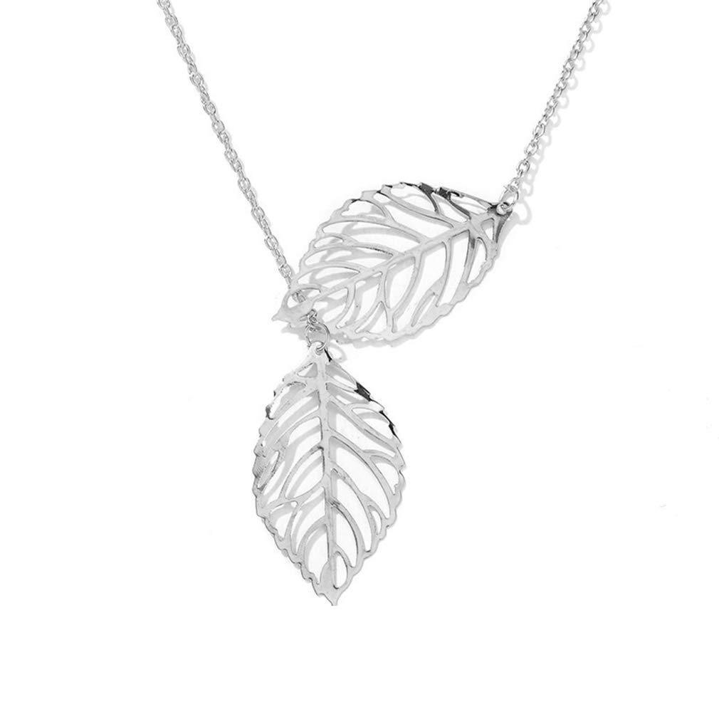 [Australia] - QIANDI Silver Double Leaf Pendant Tree Bird Branch Plant Nature Leaves Necklace 