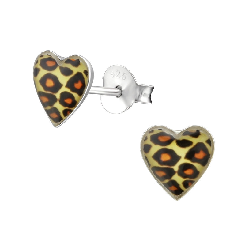 [Australia] - Brown Leopard Print Heart Sterling Silver Stud Earrings 7mm 