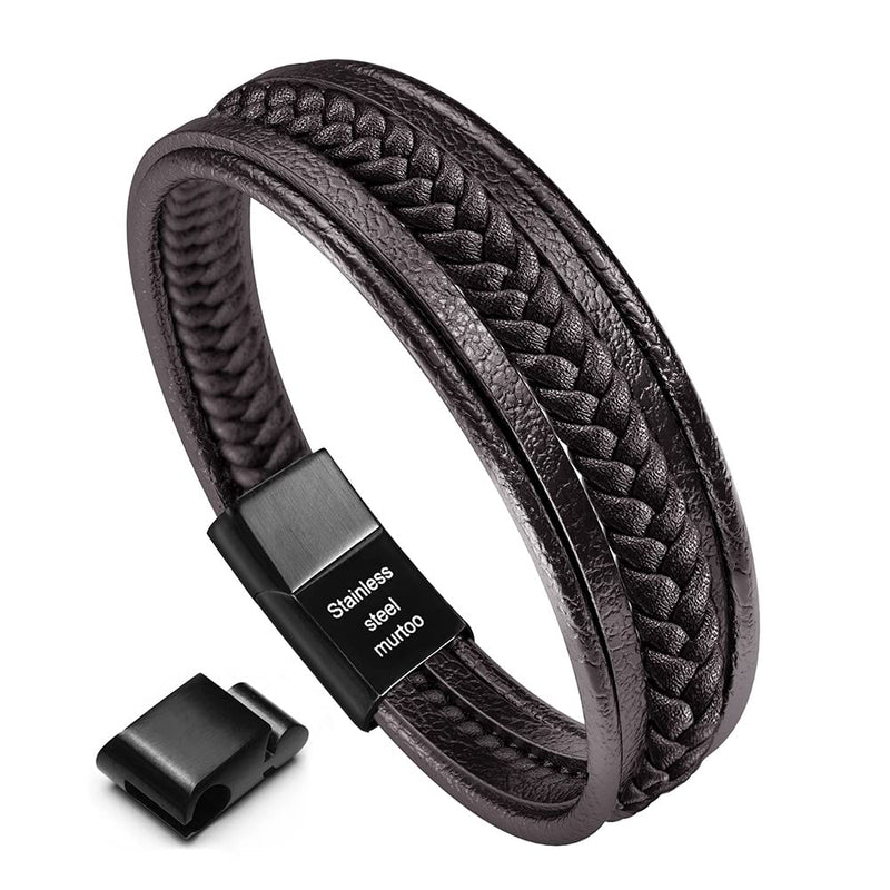 [Australia] - murtoo Bracelet for Man Cowhide Genuine Leather Women Unisex Cuff Wrap Bracelet Brown Black Multi-Layer Magnetic Clasp Rope Wristband 8.7 Inches 