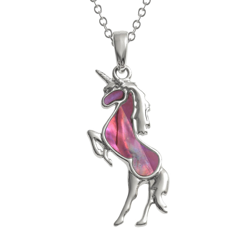 [Australia] - Kiara Jewellery Unicorn Pendant Necklace Inlaid With Natural pink and blue Paua Abalone Shell on 18" Trace Chain. Non Tarnish Silver Colour Rhodium plated. 