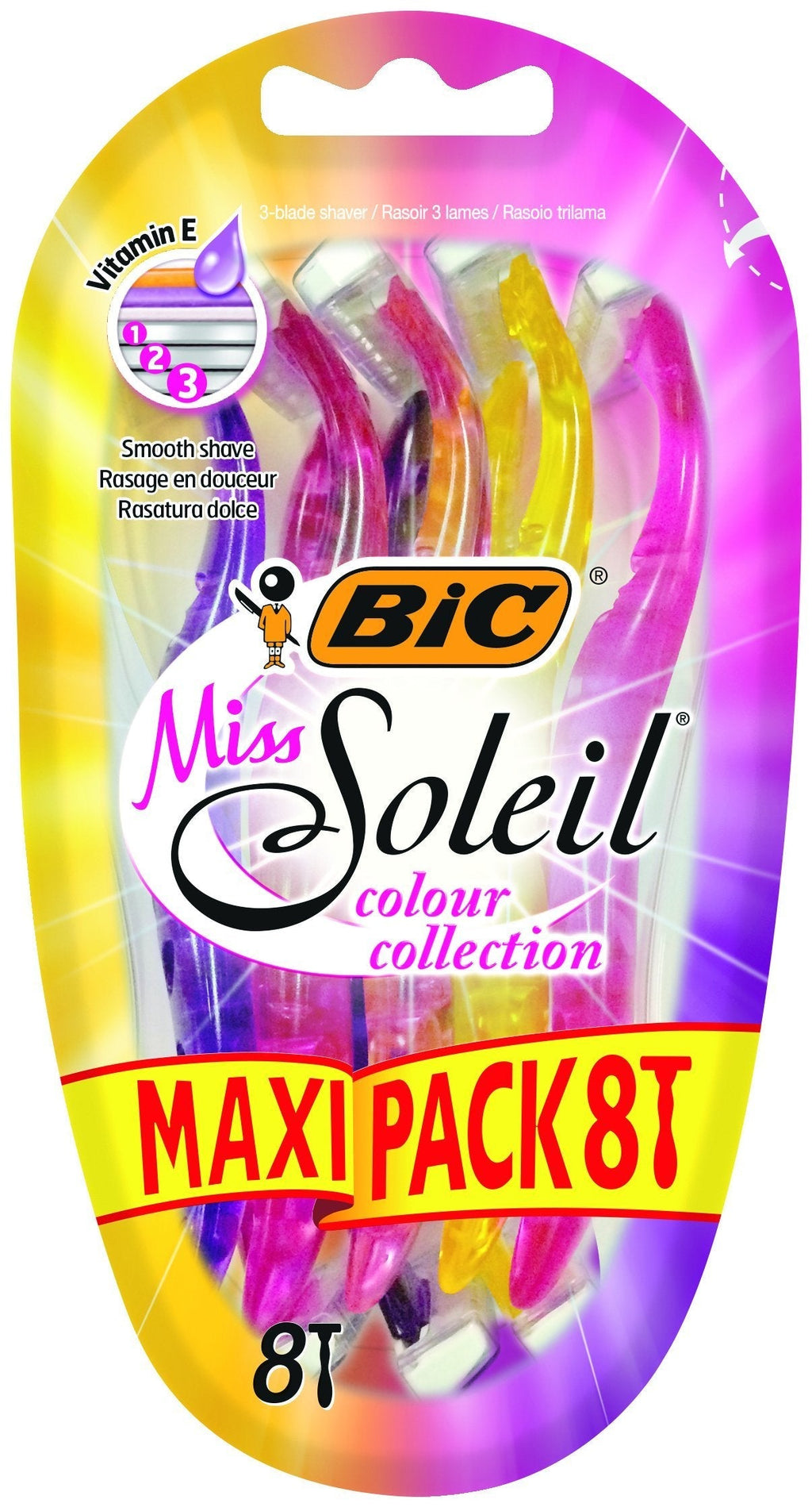 [Australia] - BIC Miss Soleil Colour Collection, Triple Blade Razor for Women, Great Grip and Control, With Flower Designed Handles, Pack of 8 8 Count (Pack of 1) 