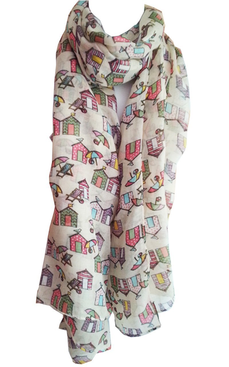 [Australia] - Beach Huts Print Scarf Womens Holiday Sun Summer Fashion Light Large Wrap Cream - 780 
