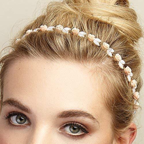 [Australia] - Vintage Headband Flower Headband Wedding Guest Hair Band Elastic Headchain Bridesmaid Hair Accessory in Soft Pink and Gold by QueenMee (Pink) 