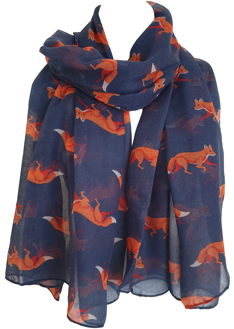 [Australia] - GlamLondon Fox Print Scarf Large Size Fashionable Cute Foxes Animal Printed Women Wrap Navy Blue 