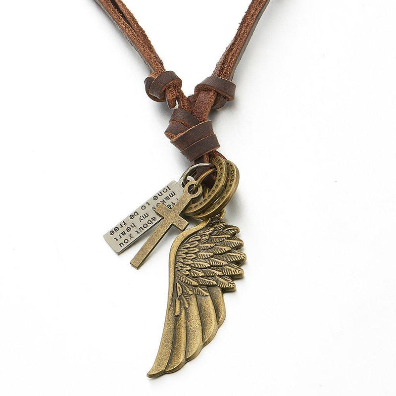 [Australia] - COOLSTEELANDBEYOND Retro Style Angel Wing Pendant Unisex Necklace for Men for Women with Adjustable Leather Cord 02 