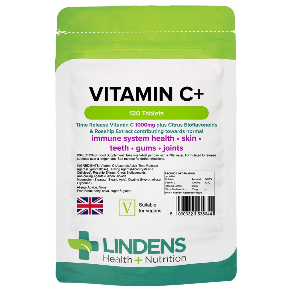 [Australia] - Lindens Vitamin C+ 1000mg - 120 Tablets - Time Release Tablets with Citrus Bioflavonoids and Rosehip - Contributes to Immune System Health, Reduces Tiredness and Supports Healthy Skin and Teeth 120 Count (Pack of 1) 