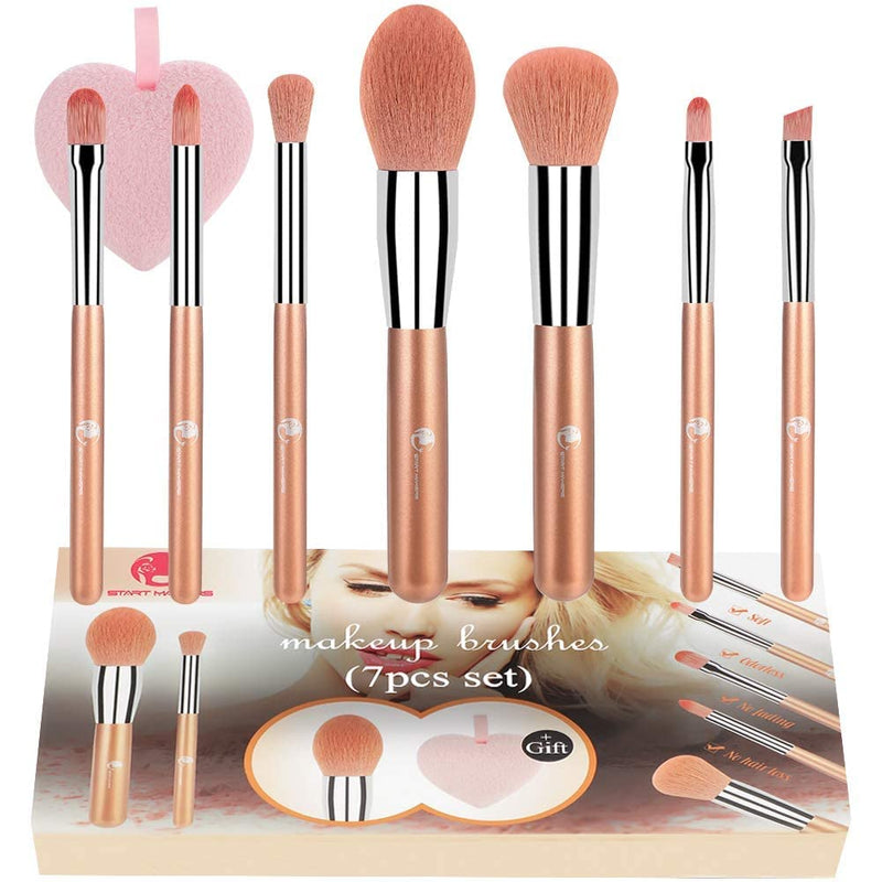 [Australia] - Makeup Brushes Start Makers 7PCS Rose Gold Makeup Brush Set Eyeshadow Concealer Eyebrow Powder Blush Blending Makeup Brushes Set with Face Puff and Gift Box 