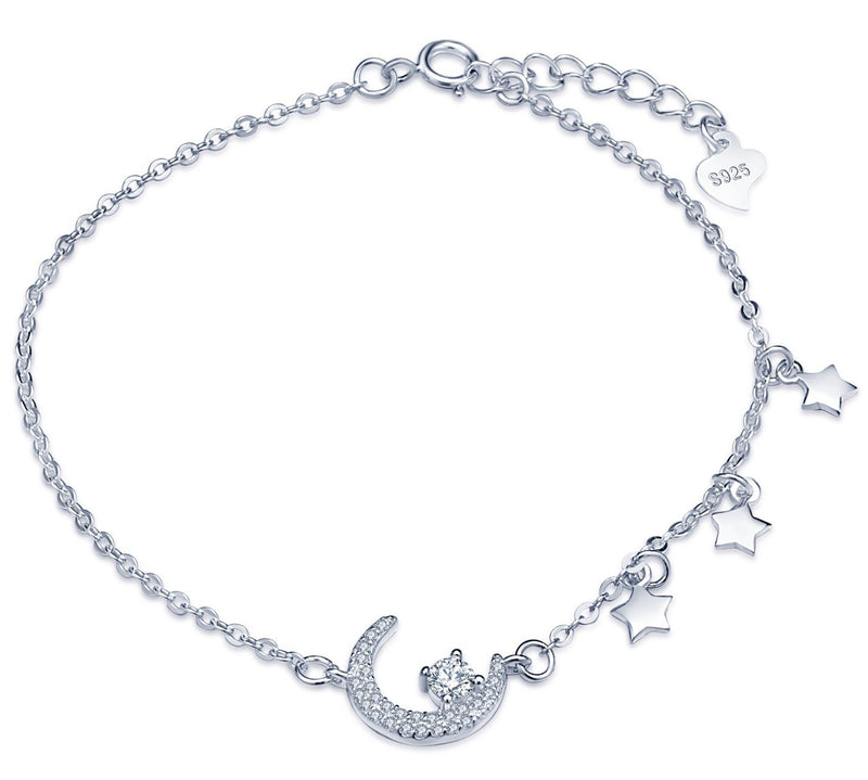 [Australia] - Yumilok 925 Sterling Silver Cubic Zirconia Moon and Star Charm Bracelet for Women/Teenager/Girls 