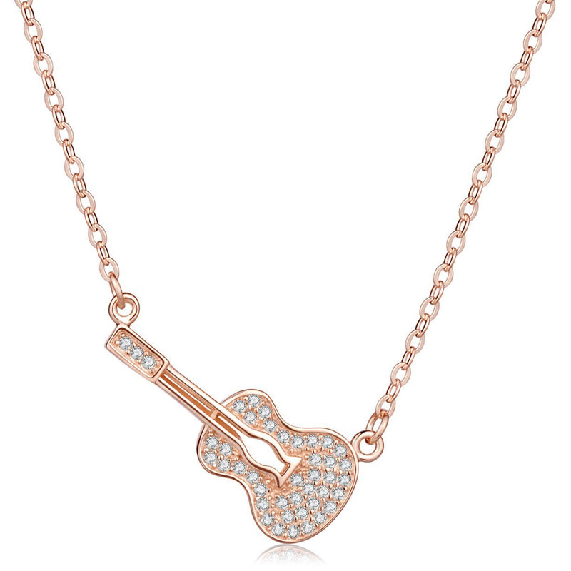 [Australia] - Yumilok Jewelry 925 Sterling Silver Cubic Zirconia Rose Gold Plated Guitar Pendant Necklace for Women/Girls 