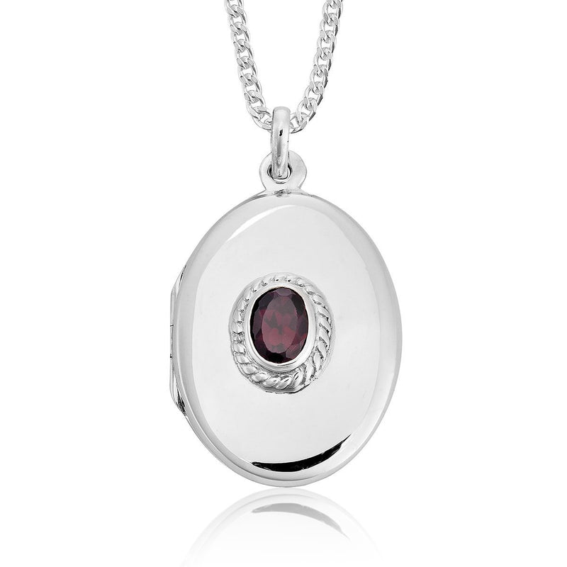 [Australia] - DTPsilver - 925 Sterling Silver Necklace Oval Pendant Locket On Adjustable 16" to 18" Curb Chain - Various Natural Gemstones Available Garnet 