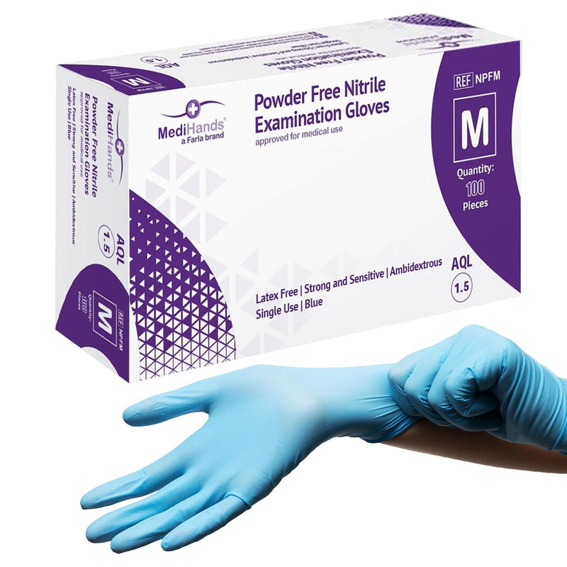 [Australia] - MediHands Nitrile Gloves Medium, Blue Heavy Duty Disposable Gloves, Powder Free, Latex Free, and Protein Free, Medical, Food, Multi Use, Pack of 100 M 